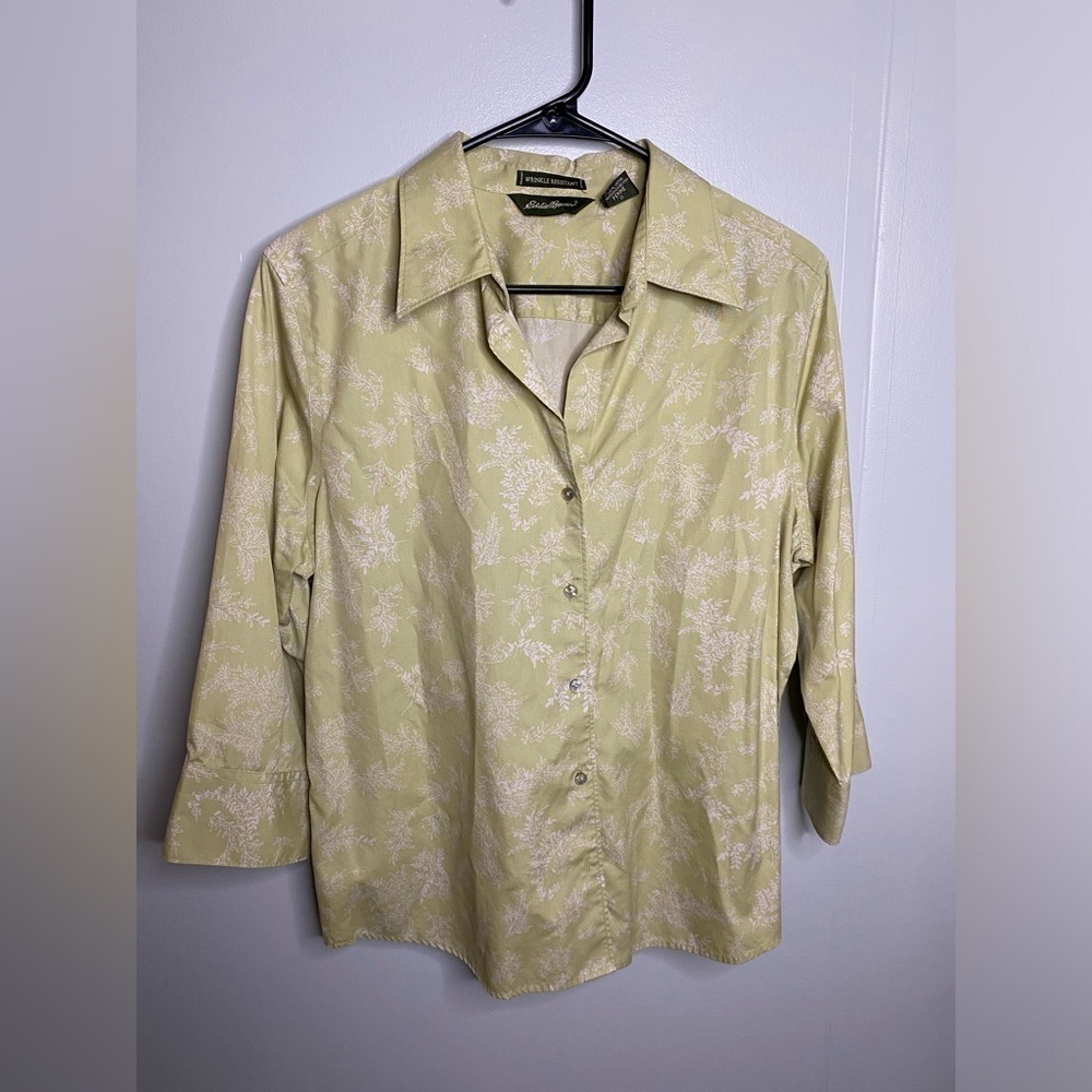EDDIE BAUER Shirt Womens Large Floral Print Button Up 3/4 Sleeve Green